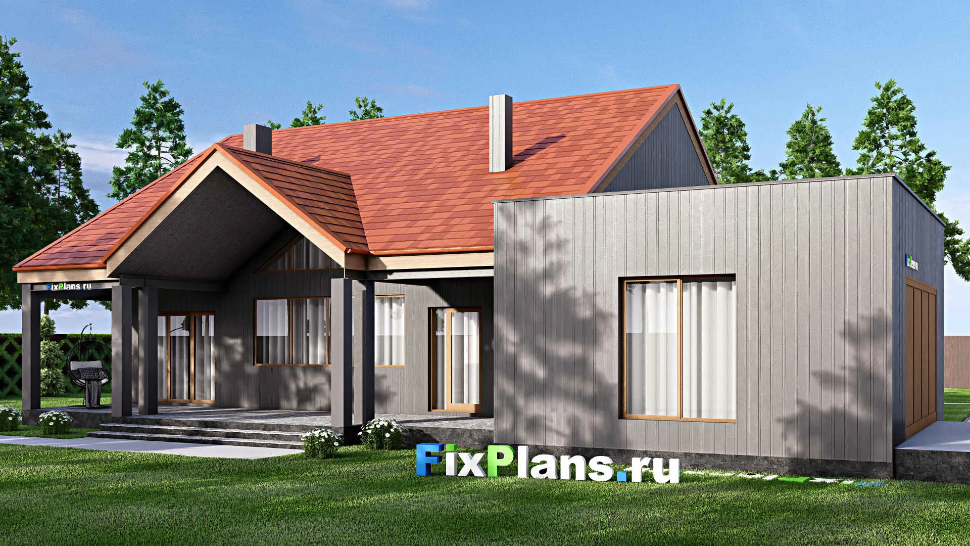 F-16685 - Проект одноэтажного дома 19 на 21, площадью 260 м² с террасой, гаражом на 2 машины и 3 спальнями