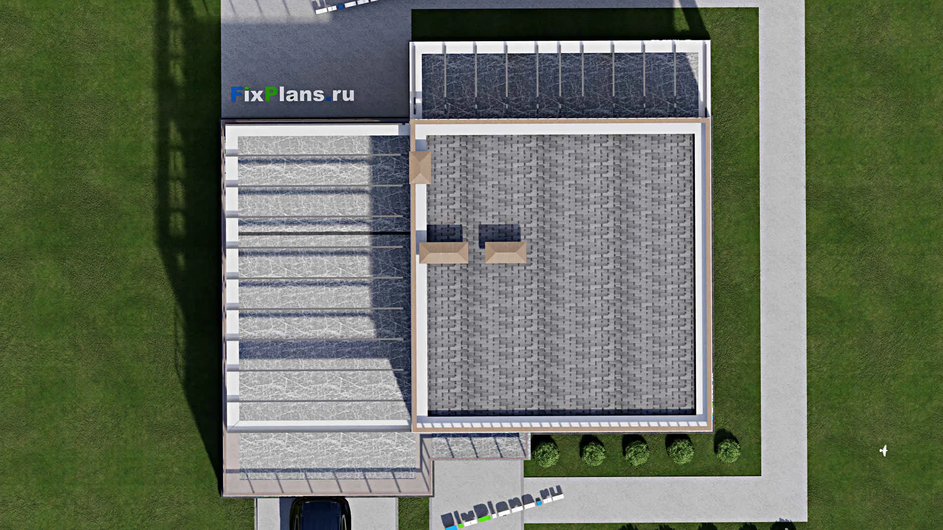 F-6164 - Проект двухэтажного дома 15 на 16, площадью 330 м² с террасой, гаражом на 2 машины и 4 спальнями