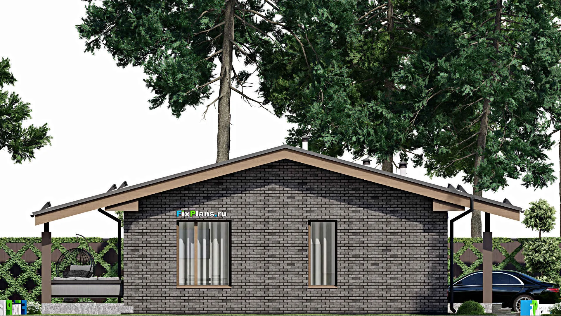 F-9917 - Проект одноэтажного дома 14 на 14, площадью 130 м² с террасой и 3 спальнями