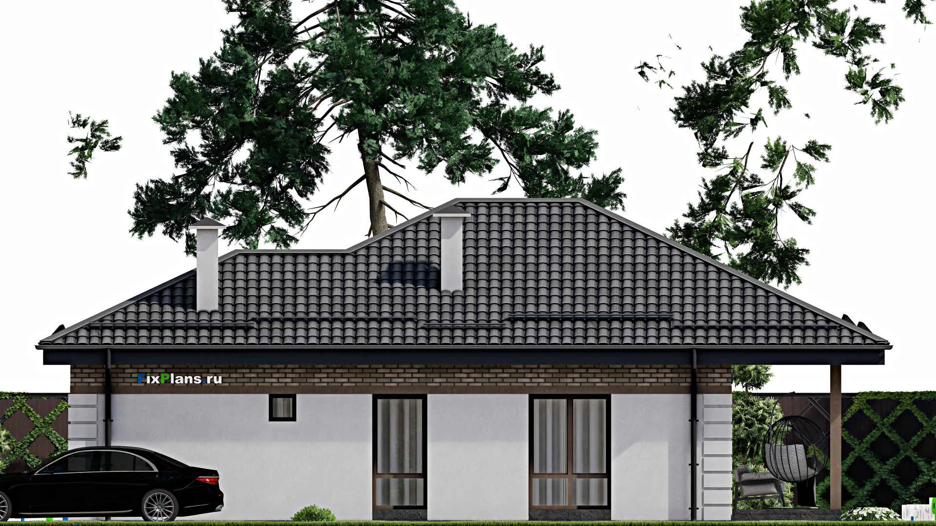 F-7586 - Проект одноэтажного дома 10 на 14, площадью 110 м² с террасой и 2 спальнями